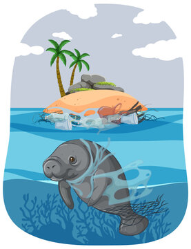 Sad Dugong Cartoon in Plastic-Filled Marine Pollution