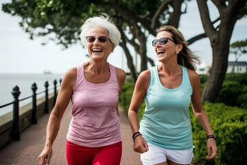 two old women are joyfully strolling along the beachside sidewalk in their summer workout attire. generative AI