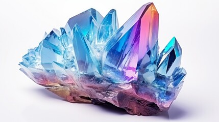 A stunning and vibrant close-up of a Quartz Rainbow Flame Blue Aqua Aura crystal cluster, presented in intricate macro detail against a pristine white background