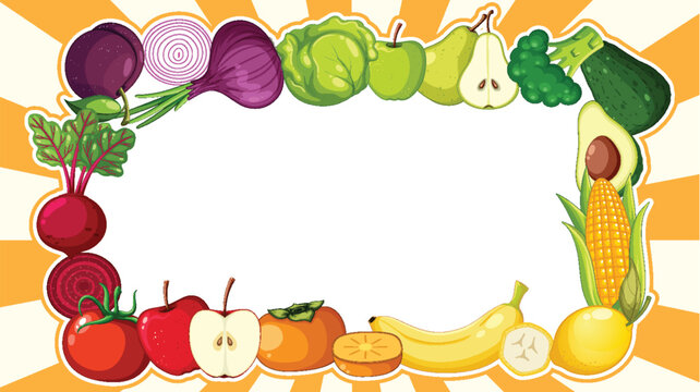 Colorful Fruit and Vegetable Frame Border on Retro Background