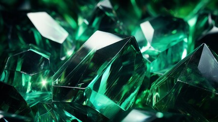 Close up of cut crystal in mysterious emerald light.Magic shiny background.Abstract