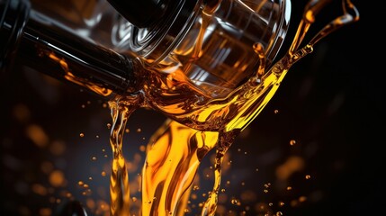 A close-up view of a steady flow of motorcycle motor oil pouring from the bottle's neck