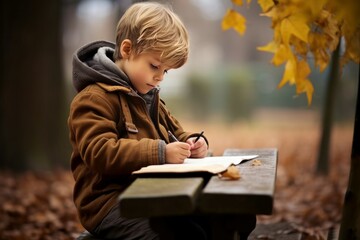 Cute little boy writing in paper notebook. Cute boy paper park outdoor. Generate Ai