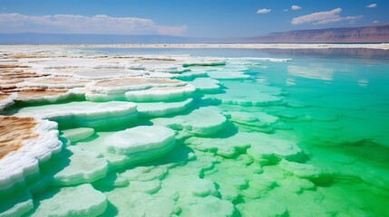 Salt scales out of the emerald water of the dead sea