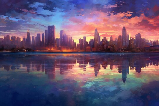Cityscape glistens in twilight over water. Generative AI
