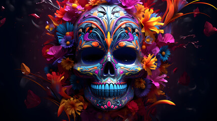 crâne décoré entouré par des formes naturelles multicolores, pour halloween ou Día de los Muertos