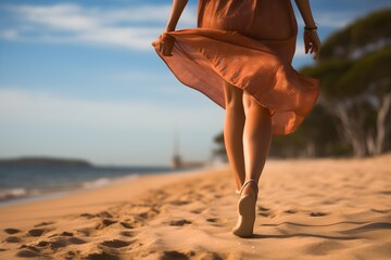Woman walking beach background