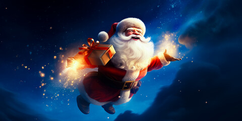 Obraz premium illustration of Santa Clause who flying in clouds with present. Christmas fairytale. Christmas time