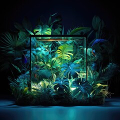 Cube frame with palm leaves, tropical dark background. Blue purple green color. Glowing volumetric in center