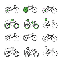 Electric bicycle icons set in line design green. Business, battery, electric motor, charge, bicycle, battery, recharging, fast bicycle vector illustrations. Electric vehicle icons editable stroke.