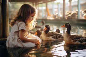 Cute little girl looking at ducks in zoo. Small summer lake with pet care. Generate ai - Powered by Adobe