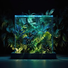 Glowing glass cube with podium in palm leaves, tropical dark background. Blue purple green color. Glowing linear volumetric cube. - 664314115