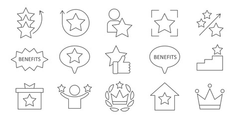Benefits, award, winner star vector line icon set
