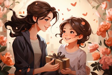 Une fille blanche offre un cadeau &agrave; sa m&egrave;re pour la f&ecirc;te des m&egrave;res