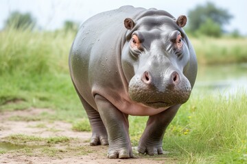 Hippopotamus Walking in a green field.