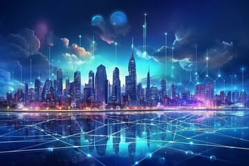 Digital cityscape with smart city and IoT wifi network connection service. Generative AI