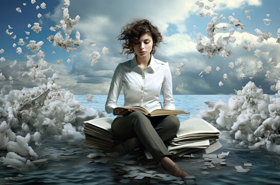 A dreamer sits around whom his fantasies, papers, books, birds, clouds and colorful images fly, ai