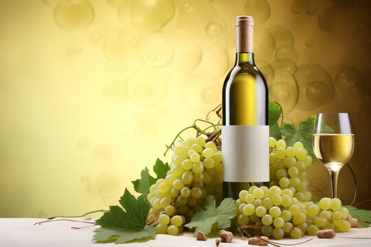 Background design for wine list or wine card featuring sweet white grapes and a bottle-screw. Generative AI
