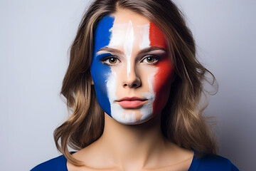 A young girl with the French flag painted on her face cheers for the French team during the 2024...