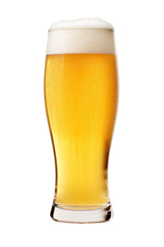 Close up of frothy golden beer in glass photo-realistic, commercial imagery, isolated white background