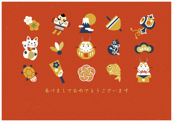 かわいい年賀状デザイン　2024年　辰年　縁起物アイコン　お正月　招き猫　達磨　鏡餅