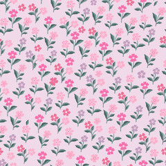 Pink, purple and fuchsia flowers on green stems with leaves. Seamless pattern on a lilac background.