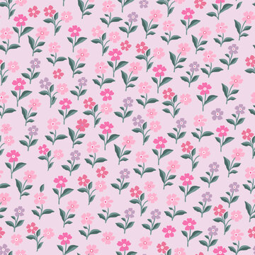 Pink, purple and fuchsia flowers on green stems with leaves. Seamless pattern on a lilac background. © Maxim