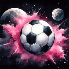 Fototapeta premium Watercolor soccer ball as a planet in space with pink smoke and explosions