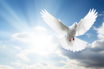 Obraz premium a white dove flying over the sun in a cloudy sky, in the religious style. Generative AI