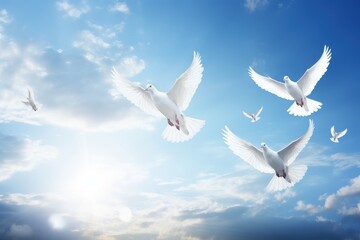a white dove flying over the sun in a cloudy sky, in the religious style. Generative AI