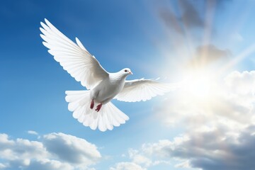 a white dove flying over the sun in a cloudy sky, in the religious style. Generative AI