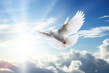 Obraz premium a white dove flying over the sun in a cloudy sky, in the religious style. Generative AI