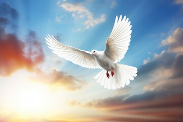 Fototapeta premium a white dove flying over the sun in a cloudy sky, in the religious style. Generative AI