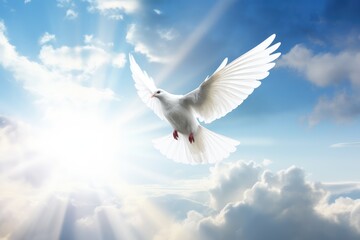 a white dove flying over the sun in a cloudy sky, in the religious style. Generative AI