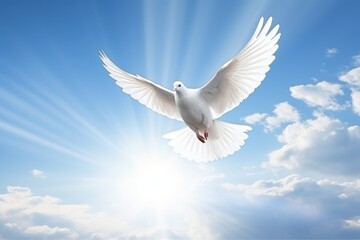 Obraz premium a white dove flying over the sun in a cloudy sky, in the religious style. Generative AI