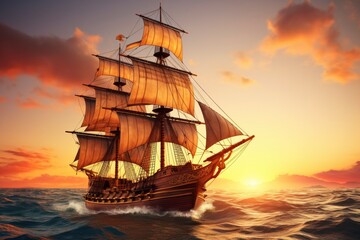 Pirate ship sailing on the ocean at sunset. Vintage cruise.