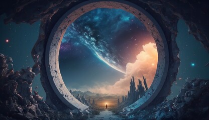 Portal to another world. Futuristic cosmic landscape with circle tunnel in starry sky.