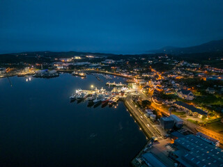 Aerial night view of Killybegs, the most important fishing harbour town in Ireland, County Donegal