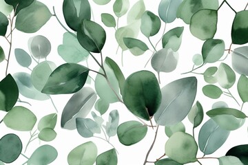 Fototapeta na wymiar A white background adorned with watercolor eucalyptus leaves forming a seamless pattern. Green, simple, and abstract print. Generative AI