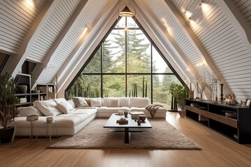 Vaulted cathedral ceiling in house. Interior design of modern living room.