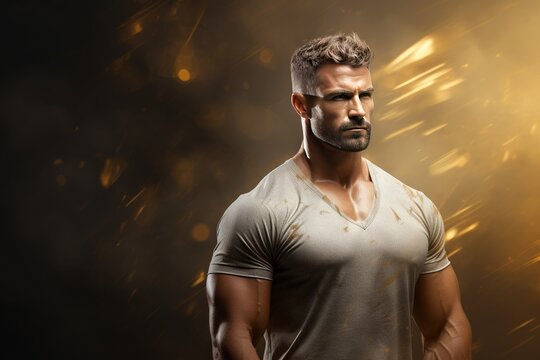 Un bel homme de musculation sto&iuml;que et muscl&eacute;. Repr&eacute;sentant la forme physique et le sto&iuml;cisme. Espace de copie. IA g&eacute;n&eacute;rative, IA
