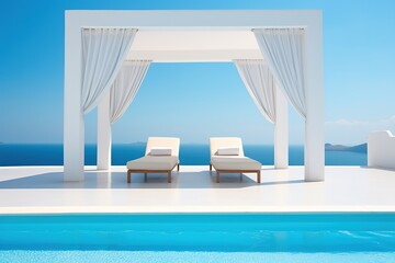 Sunbeds on white terrace with arch. Traditional mediterranean architecture under blue clear sky. Summer vacation background.