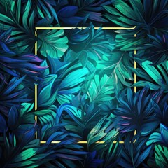 Neon jungle abstract background with jungle plants, palm leaf and neon rectangle frame. Color summer night. Frame with tropical palm tree for poster, invitation, flyer