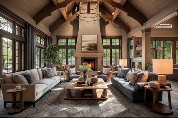 Traditional home interior design of modern living room with vaulted ceiling. - obrazy, fototapety, plakaty