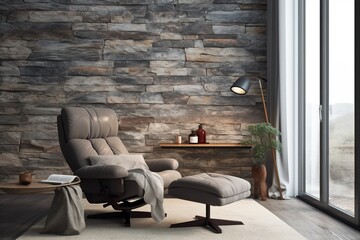 Recliner chair against window near white and stone cladding wall. Minimalist home interior design of modern living room.