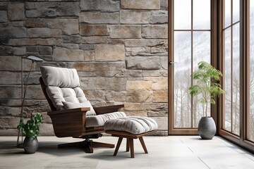 Recliner chair against window near white and stone cladding wall. Minimalist home interior design of modern living room.