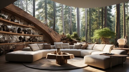 A minimalist home interior design of a modern living room in a house in the forest features a beige corner sofa in a room with a round floor-to-ceiling window