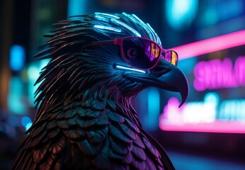 Futuristic cyber punk eagle. Blue illuminated bird with cool sunglasses. Generate ai - obrazy, fototapety, plakaty