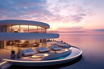 Fototapeta premium Modern minimalist round and curved shaped luxury house. Villa with terrace on sea shore at sunset.
