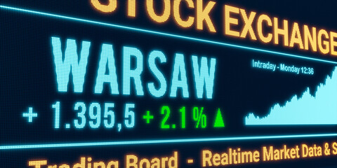 Warsaw, stock market moving up. Positive stock exchange data, rising chart on the screen. Green percentage sign, profit and investment. 3D illustration